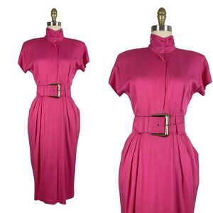 Vintage 1980s Hot Pink Rayon Power Dress with Belt by Rabbit Designs | Size S